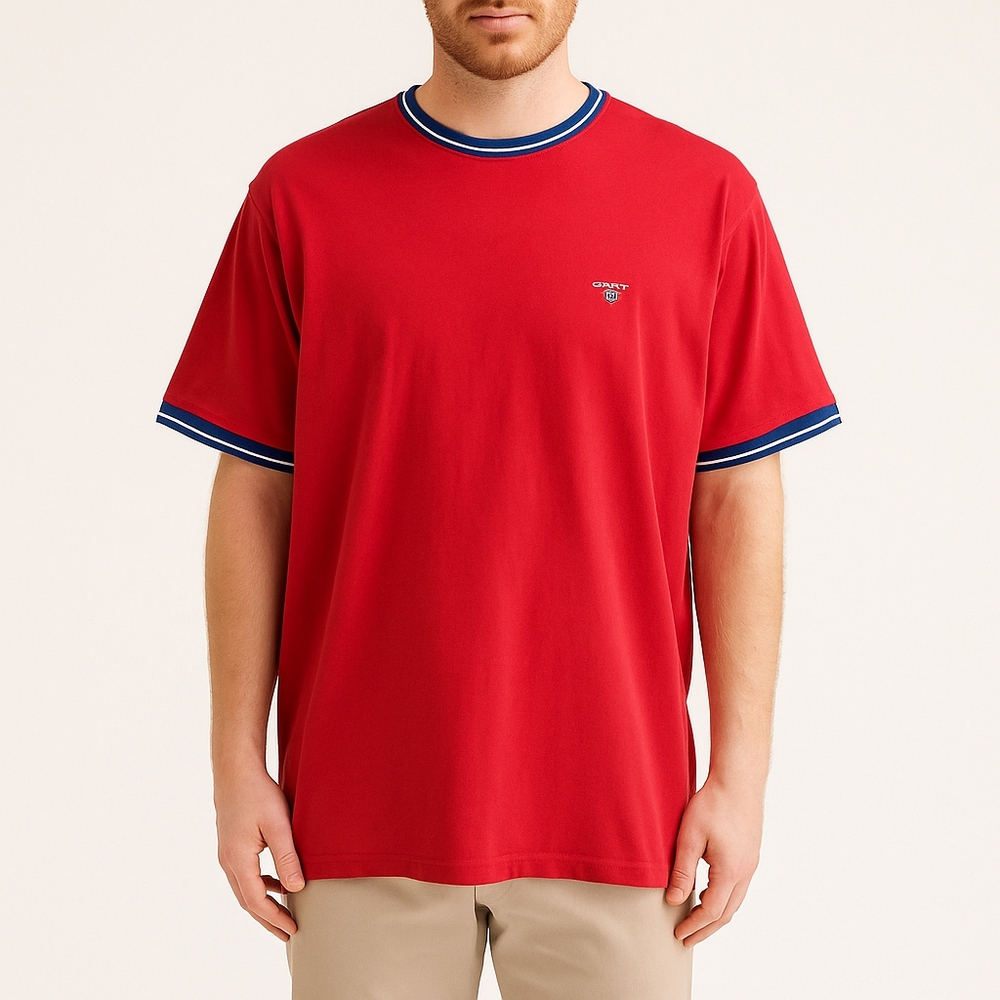 GANT XL Vintage Inspired Red Ringer T-Shirt Navy Trim Shield Logo 100% Cotton